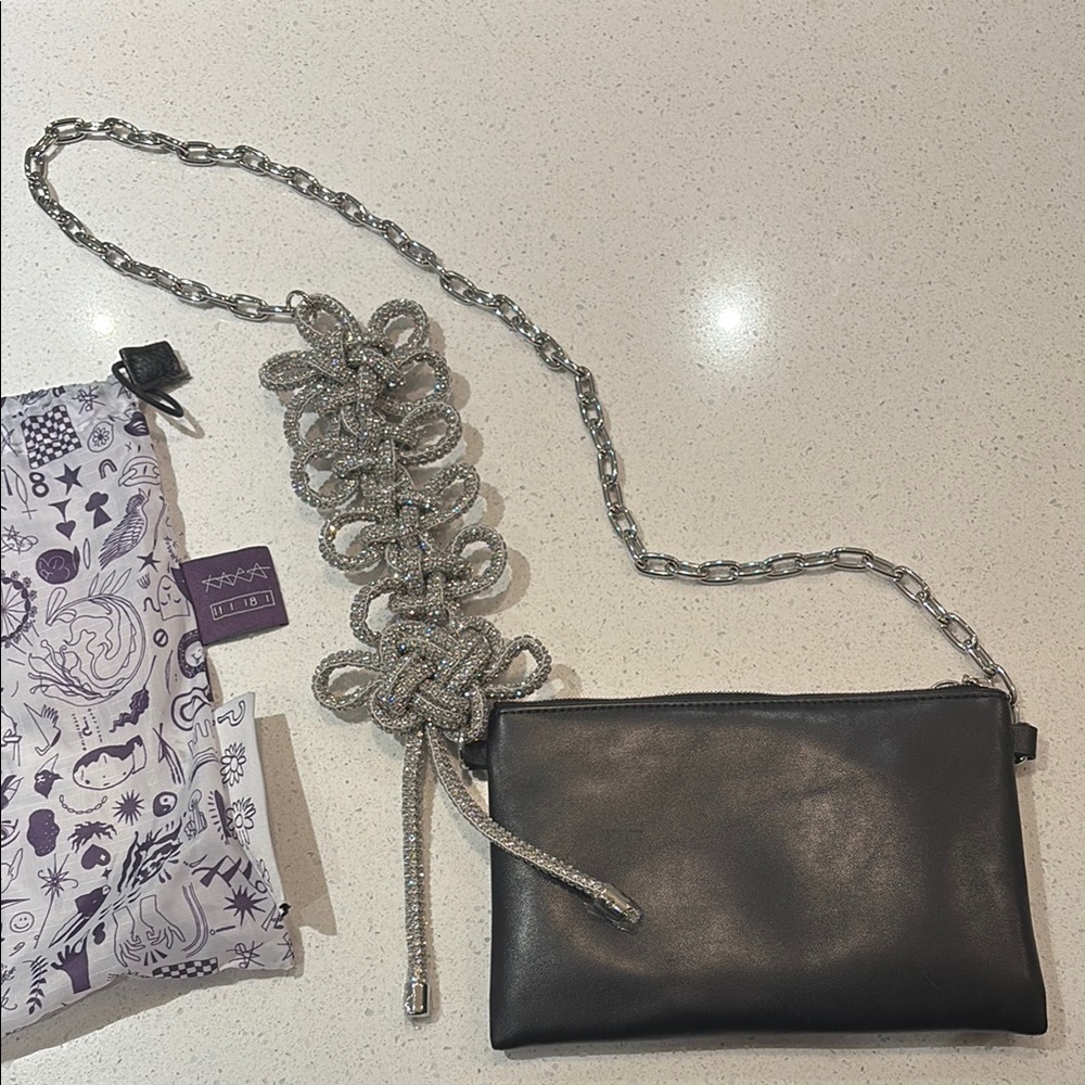 Kara Black Leather Crossbody Pouch with Silver Chain